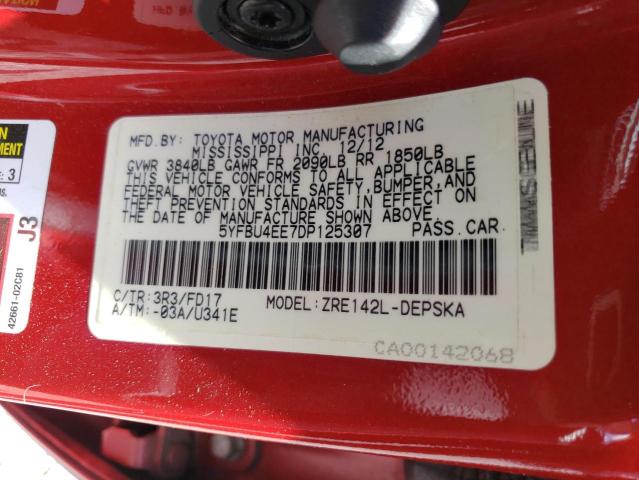 5YFBU4EE7DP125307 - 2013 TOYOTA COROLLA BASE RED photo 13