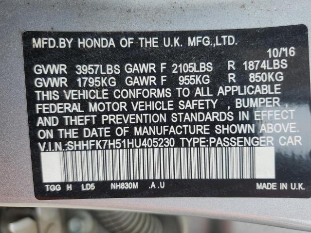 SHHFK7H51HU405230 - 2017 HONDA CIVIC EX SILVER photo 12