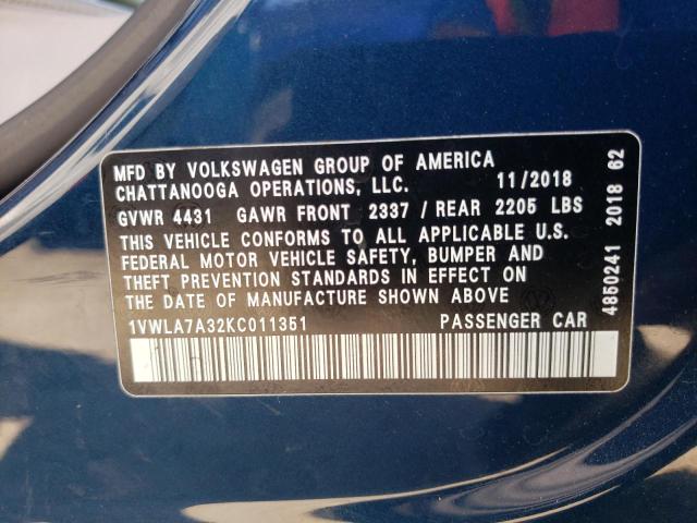 1VWLA7A32KC011351 - 2019 VOLKSWAGEN PASSAT WOLFSBURG 蓝色 照片 12