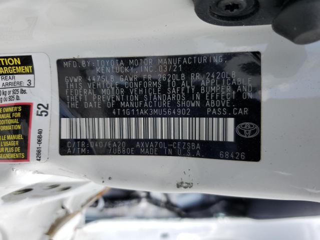 4T1G11AK3MU564902 - 2021 TOYOTA CAMRY SE WHITE photo 13