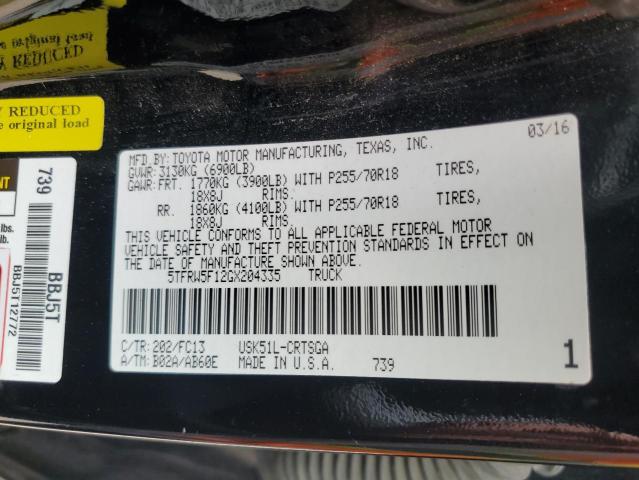 5TFRW5F12GX204335 - 2016 TOYOTA TUNDRA DOUBLE CAB SR/SR5 BLACK photo 12