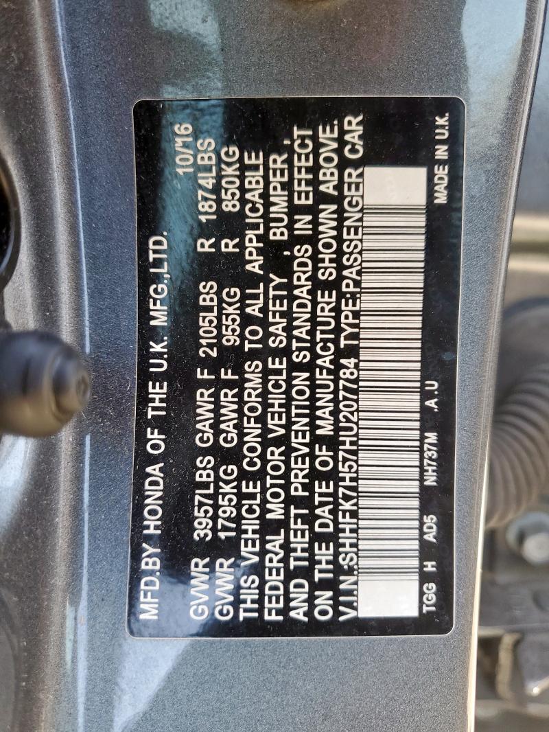 SHHFK7H57HU207784 - 2017 HONDA CIVIC EX CHARCOAL photo 12