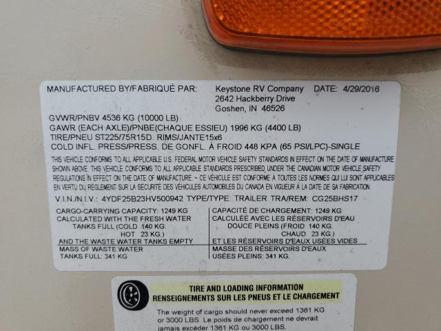 4YDF25B23HV500942 - 2017 KEYSTONE COUGAR Bej foto 10