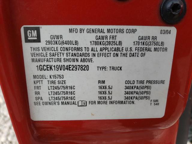 1GCEK19V04E297820 - 2004 CHEVROLET SILV1500 4 K1500 RED photo 12