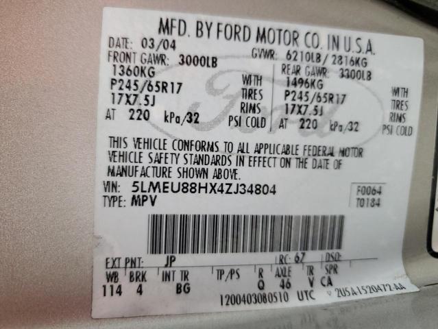 5LMEU88HX4ZJ34804 - 2004 LINCOLN AVIATOR ვერცხლისფერი ფოტო 12