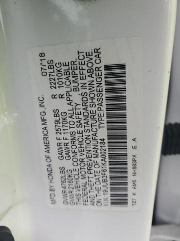 19UUB3F61KA002184 - 2019 ACURA TLX TECHNOLOGY WHITE photo 12
