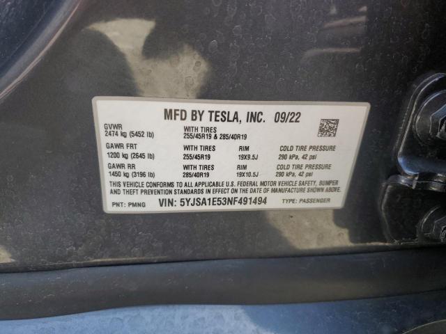 5YJSA1E53NF491494 - 2022 TESLA MODEL S 蓝色 照片 13