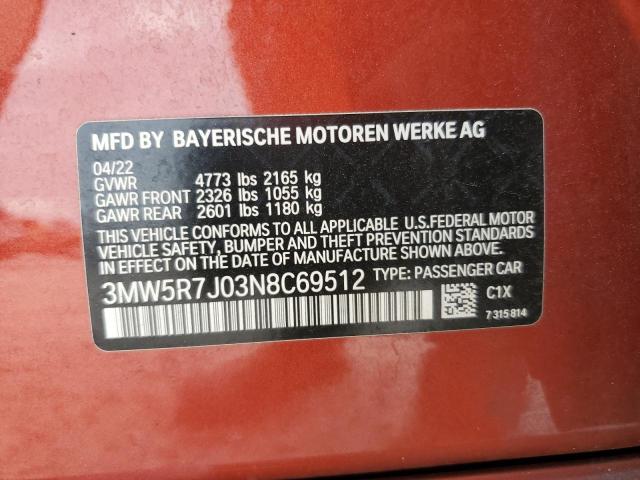 3MW5R7J03N8C69512 - 2022 BMW 330XI برتقالي صورة 12