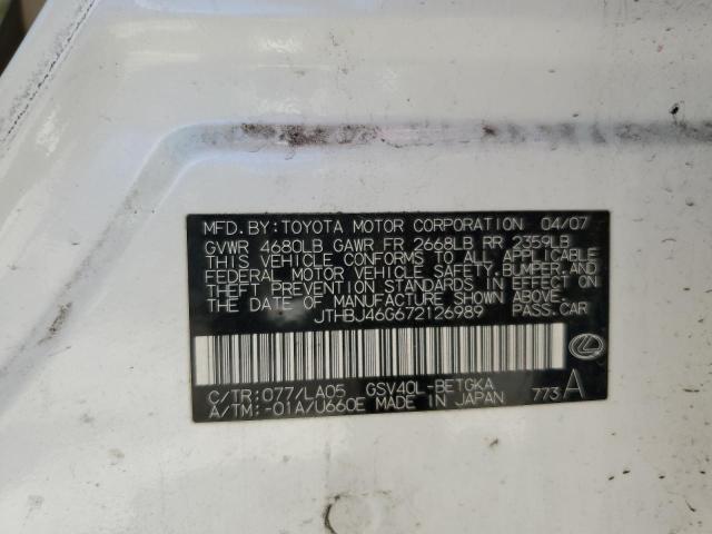 JTHBJ46G672126989 - 2007 LEXUS ES 350 WHITE photo 12