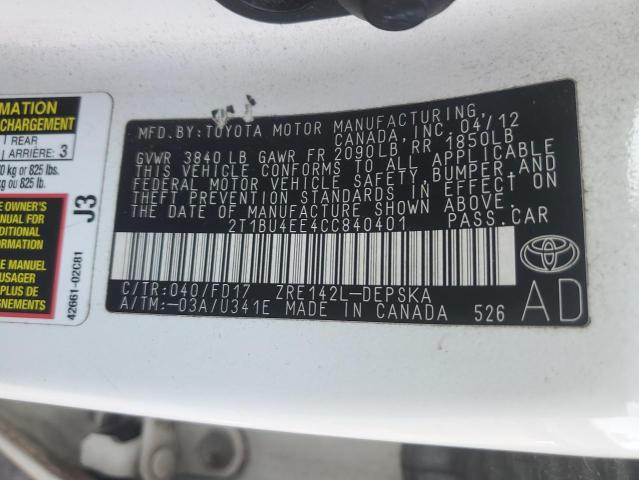 2T1BU4EE4CC840401 - 2012 TOYOTA COROLLA BASE WHITE photo 12