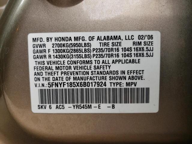 5FNYF185X6B017924 - 2006 HONDA PILOT EX TAN photo 13