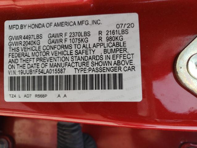 19UUB1F54LA015587 - 2020 ACURA TLX TECHNOLOGY 红色 照片 12