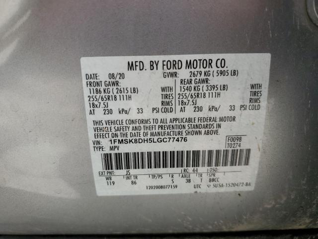 1FMSK8DH5LGC77476 - 2020 FORD EXPLORER XLT SILVER photo 13
