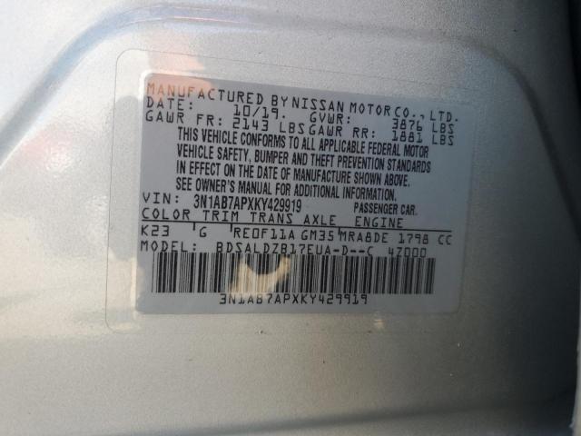 3N1AB7APXKY429919 - 2019 NISSAN SENTRA S SILVER photo 12