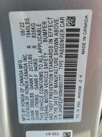 2HGFE2F50NH601777 - 2022 HONDA CIVIC SPORT 银色 照片 12