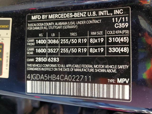 4JGDA5HB4CA022711 - 2012 MERCEDES-BENZ ML 350 4MATIC BLUE photo 13