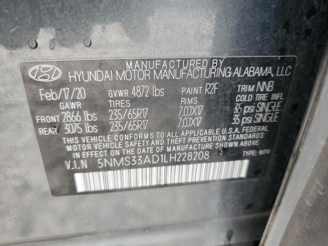 5NMS33AD1LH228208 - 2020 HYUNDAI SANTA FE SEL GRAY photo 12