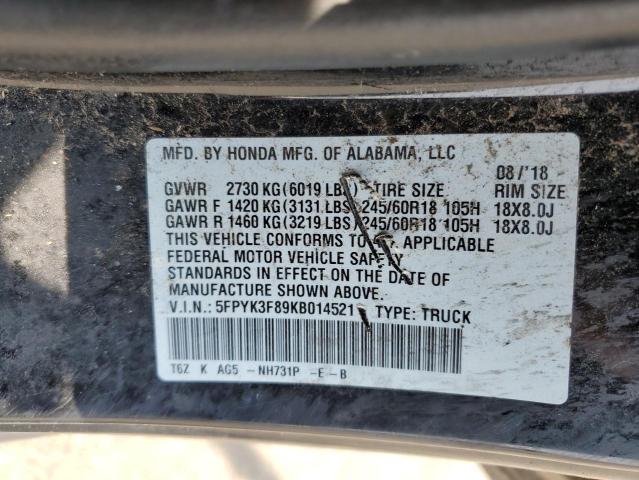 5FPYK3F89KB014521 - 2019 HONDA RIDGELINE BLACK EDITION BLACK photo 12