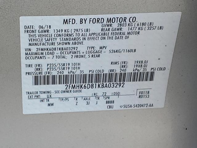 2FMHK6D81KBA03292 - 2019 FORD FLEX LIMITED SILVER photo 13