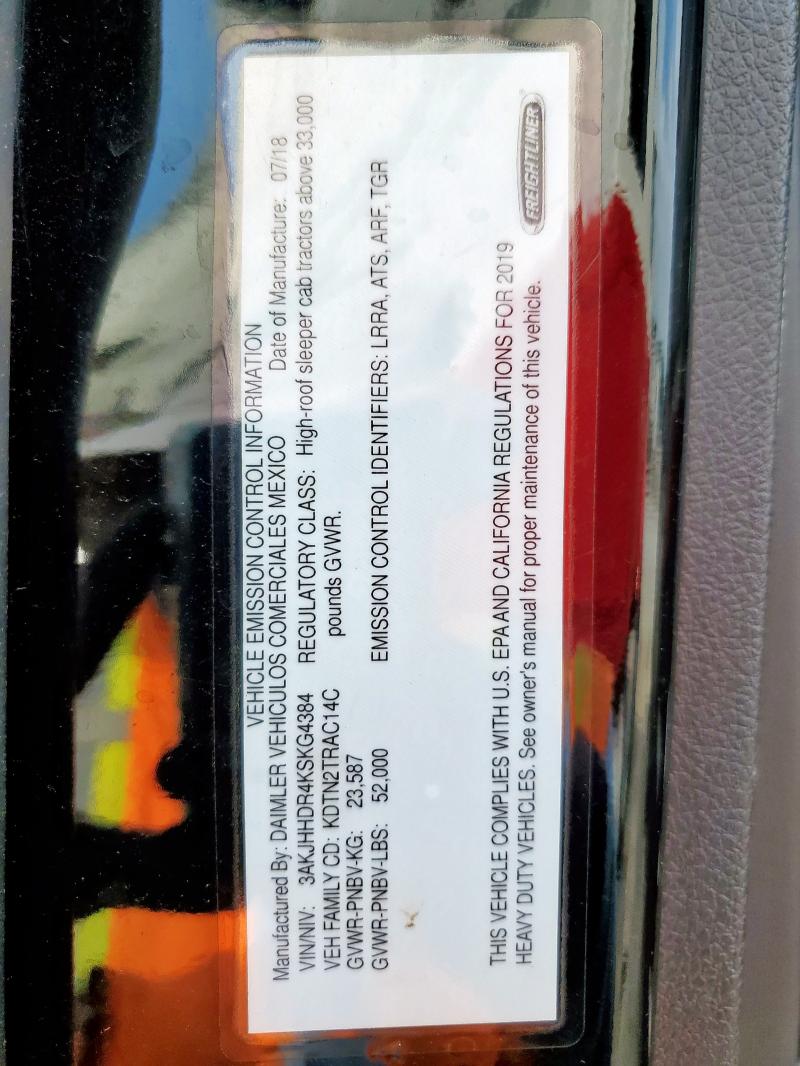 3AKJHHDR4KSKG4384 - 2019 FREIGHTLINER CASCADIA 1 Սև լուսանկար 10