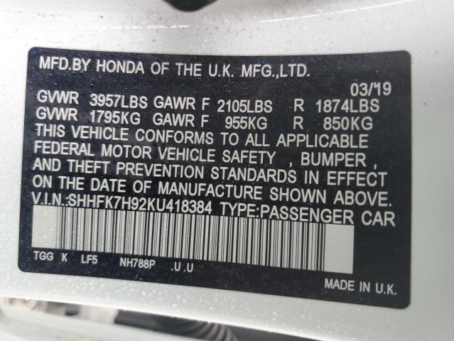 SHHFK7H92KU418384 - 2019 HONDA CIVIC SPORT TOURING WHITE photo 12