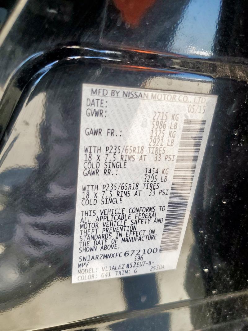 5N1AR2MNXFC672100 - 2015 NISSAN PATHFINDER S BLACK photo 14