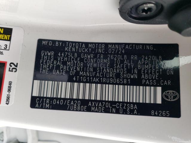 4T1G11AK1RU906581 - 2024 TOYOTA CAMRY SE NIGHT SHADE WHITE photo 12