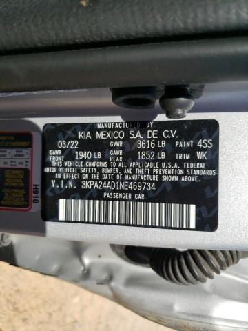 3KPA24AD1NE469734 - 2022 KIA RIO LX SILVER photo 12