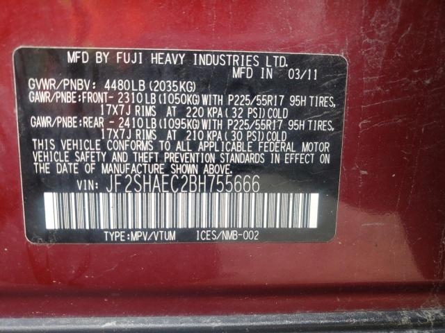 JF2SHAEC2BH755666 - 2011 SUBARU FORESTER LIMITED MAROON photo 12