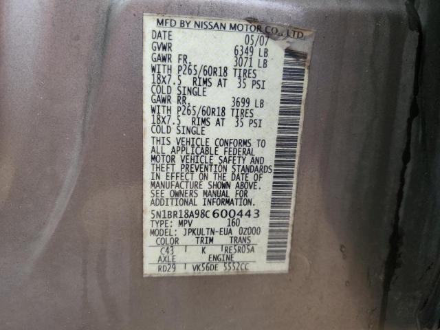 5N1BR18A98C600443 - 2008 NISSAN PATHFINDER LE TAN photo 13