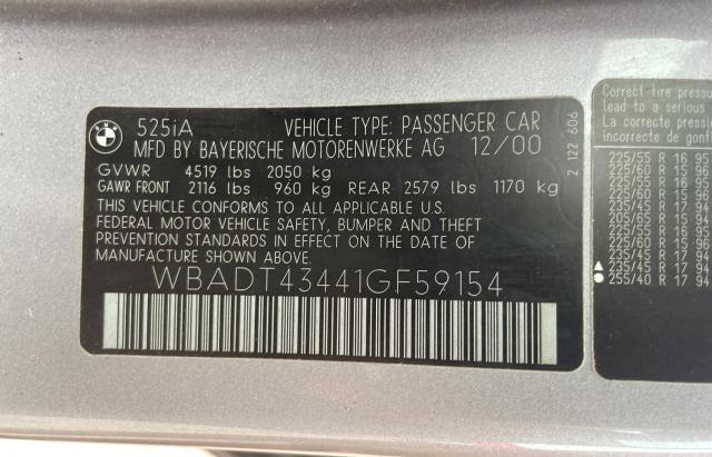 WBADT43441GF59154 - 2001 BMW 525 I AUTOMATIC SILVER photo 10