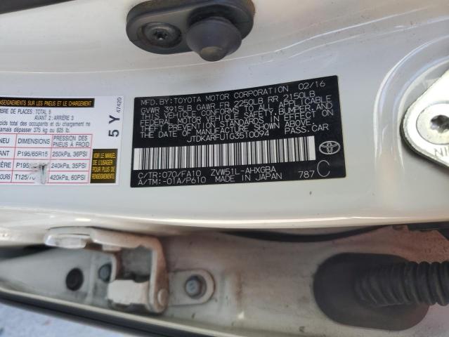 JTDKARFU1G3510094 - 2016 TOYOTA PRIUS WHITE photo 13