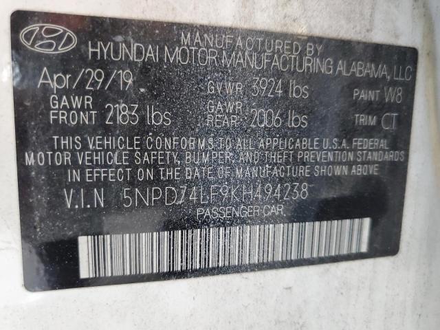 5NPD74LF9KH494238 - 2019 HYUNDAI ELANTRA SE WHITE photo 13