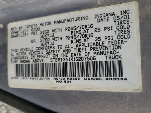 5TBRT341X1S207506 - 2001 TOYOTA TUNDRA ACCESS CAB ნაცრისფერი ფოტო 12