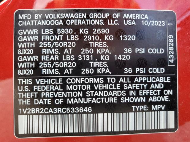1V2BR2CA3RC533646 - 2024 VOLKSWAGEN ATLAS SEL Czerwony zdjęcie 13