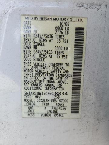 5N1AR18W17C608834 - 2007 NISSAN PATHFINDER LE 白色 照片 12