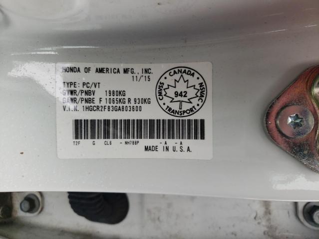 1HGCR2F83GA803600 - 2016 HONDA ACCORD EXL WHITE photo 12