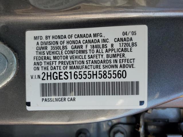 2HGES16555H585560 - 2005 HONDA CIVIC LX GRAY photo 13