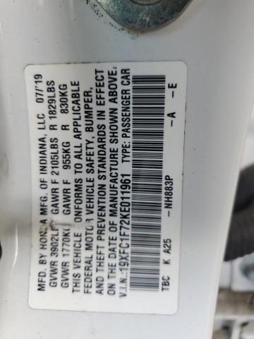 19XFC1F72KE011961 - 2019 HONDA CIVIC EXL Ağ foto 12