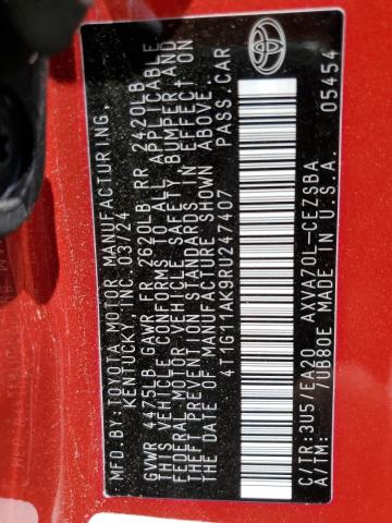 4T1G11AK9RU247407 - 2024 TOYOTA CAMRY SE NIGHT SHADE RED photo 13