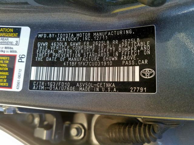 4T1BF1FK7CU031910 - 2012 TOYOTA CAMRY BASE  photo 10