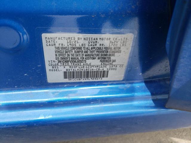 3N1CN8FVXML925073 - 2021 NISSAN VERSA SR BLUE photo 12