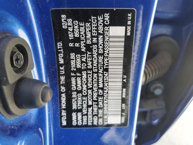 SHHFK7H74JU413247 - 2018 HONDA CIVIC EXL ლურჯი ფოტო 12