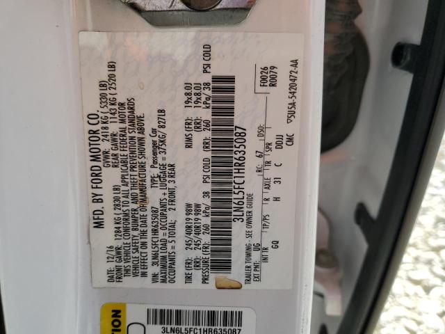 3LN6L5FC1HR635087 - 2017 LINCOLN MKZ RESERVE WHITE photo 12