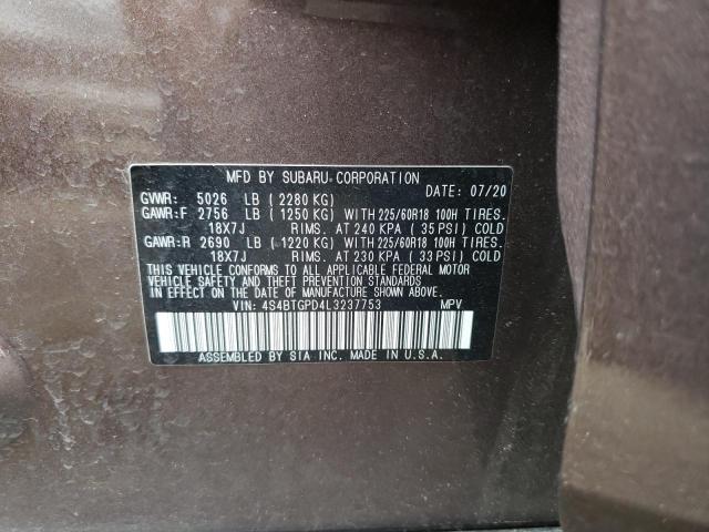 4S4BTGPD4L3237753 - 2020 SUBARU OUTBACK TOURING LDL Շագանակագույն լուսանկար 12