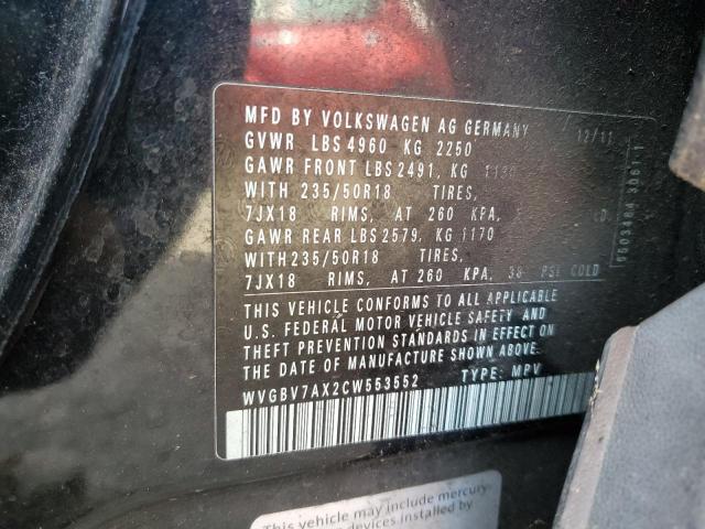 WVGBV7AX2CW553552 - 2012 VOLKSWAGEN TIGUAN S BLACK photo 13
