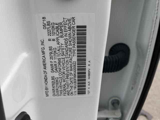 19UUB3F89KA000622 - 2019 ACURA TLX ADVANCE WHITE photo 13