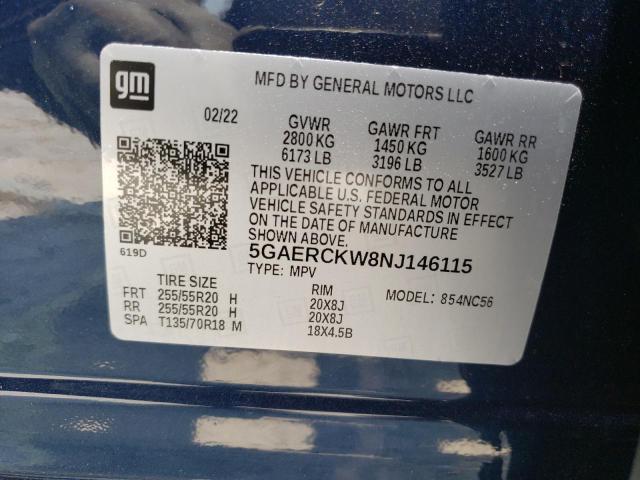 5GAERCKW8NJ146115 - 2022 BUICK ENCLAVE PREMIUM BLUE photo 14