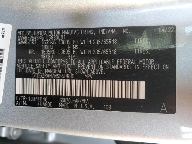 5TDGZRAH7NS550880 - 2022 TOYOTA HIGHLANDER XLE SILVER photo 13