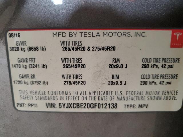 5YJXCBE20GF012138 - 2016 TESLA MODEL X 棕色 照片 13